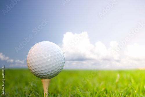 Golf ball placed on grass with sky background.