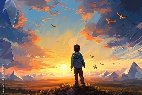 Little boy looking at beautiful sunset in the mountains. Fantasy illustration, the boy plays paper airplanes and looking at planes flying in the sunset sky, digital art style, AI Generated