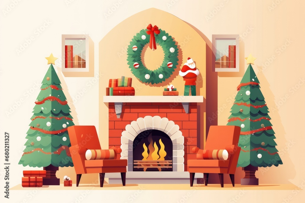 Living room illustration with decorated chimney with socks. Generative Ai.