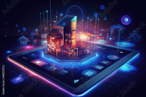 Smart city on the display of a tablet. 3d rendering, The concept of the Internet of Things with an image of a smart home, featuring various connected devices, AI Generated © Iftikhar alam