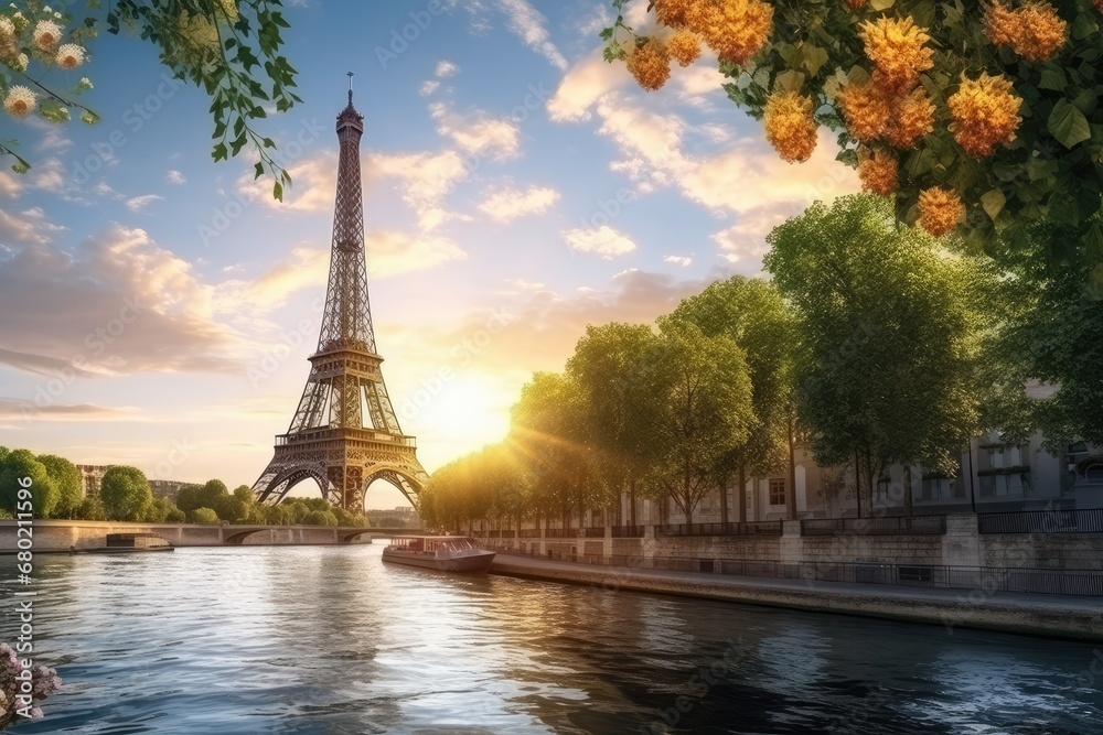 Eiffel Tower in Paris, France at sunset. Beautiful view of the Eiffel Tower from the Seine, Female tourist sightseeing the Eiffel tower and taking pictures, rear view, full body, AI Generated