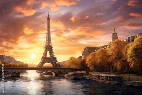 The Eiffel Tower in Paris, France at sunset. Beautiful landscape, Female tourist sightseeing the Eiffel tower and taking pictures, rear view, full body, AI Generated