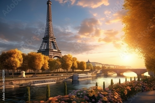 The Eiffel Tower in Paris at sunset  France. The Eiffel Tower is one of the most famous symbols of Paris  Female tourist sightseeing the Eiffel tower and taking pictures  rear view  AI Generated