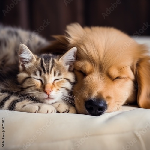 A cat and a dog peacefully slumber together.