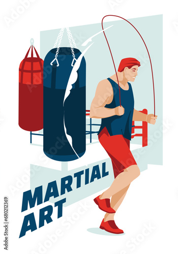 A young boxer jumps on a rope against the background of a boxing ring. Sports competitions, hobbies and training. Vector flat illustration