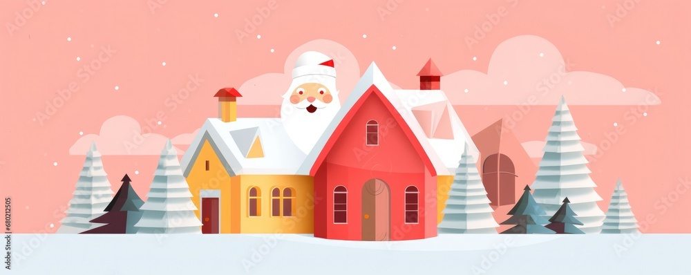 Christmas winter illustration with santa claus, panorama banner. Generative AI.