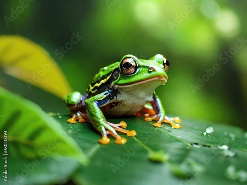 Gliding frog, flying frog pose on leaves blurred nature background. Generated with AI © maticsandra