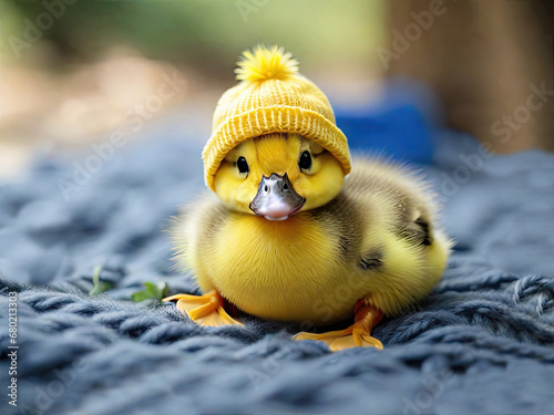 A small yellow duck wearing a knitted hat. Generated with AI