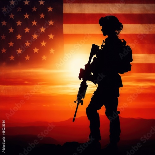 Silhouette of a soldier. The flag is nearby. Generative AI