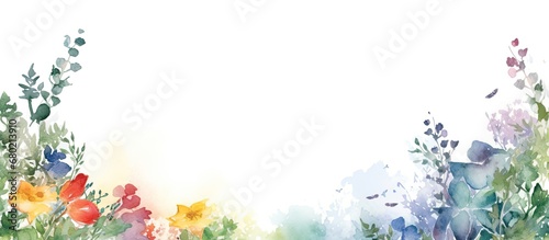 In a vintage-inspired fashion illustration, a colorful watercolor background frames a spring scene with vibrant flowers and leaves painted in a whimsical silhouette style, creating a beautiful border