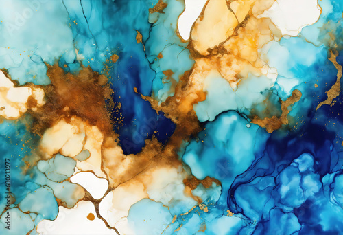 Art Abstract paint blots background. Alcohol ink blue colors. Marble texture. Horizontal long banner, white area. Generative Ai
