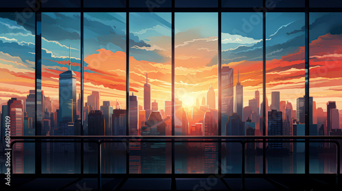 Panoramic view of modern skyscrapers at sunset. illustration