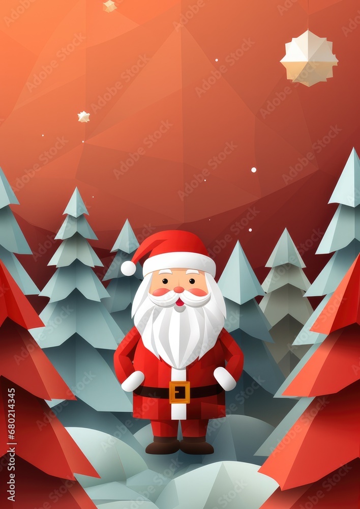 Fototapeta premium Santa Claus living in winter forest, christmas greeting card illustration. Generative Ai.