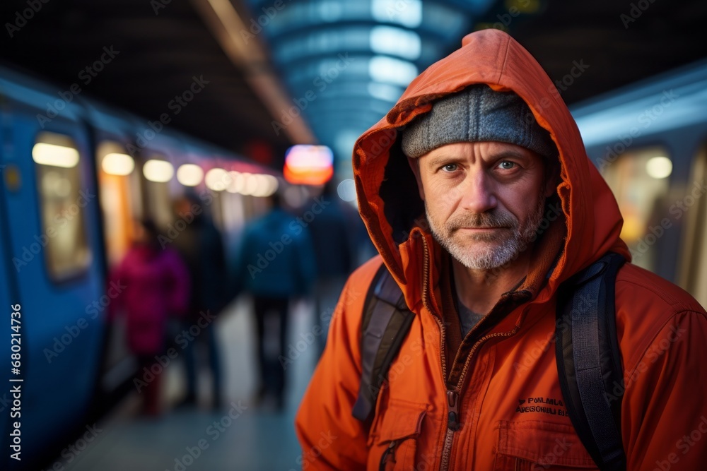 Portrait of a content man in his 50s wearing a zip-up fleece hoodie against a bustling city subway background. AI Generation Portrait of a content man in his 50s wearing a zip-up fleece hoodie against a bustling city subway background. AI Generation