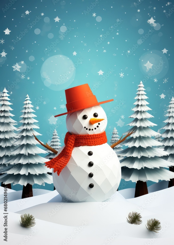 Fototapeta premium Snowman in winter forest, christmas greeting card illustration. Generative Ai.