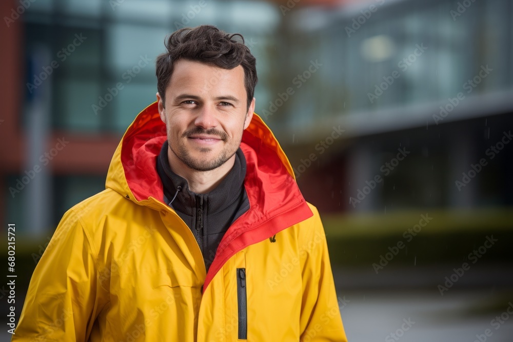 Portrait of a merry man in his 30s wearing a vibrant raincoat against a modern university campus background. AI Generation Portrait of a merry man in his 30s wearing a vibrant raincoat against a modern university campus background. AI Generation