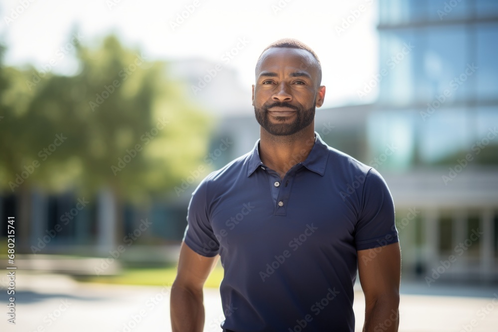 Portrait of a tender man in his 30s wearing a breathable golf polo against a modern university campus background. AI Generation Portrait of a tender man in his 30s wearing a breathable golf polo against a modern university campus background. AI Generation