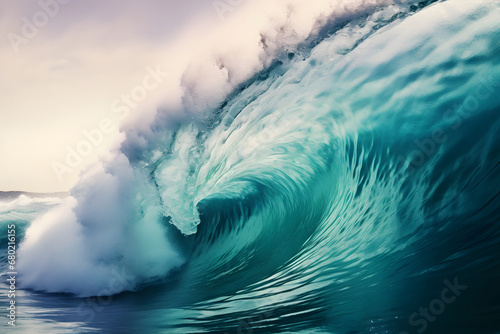A big wave in the ocean. Tsunami. Water blue background. Sea wave for surfing. View from inside. © MaskaRad