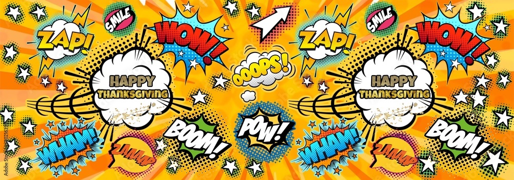 Fototapeta premium Happy Thanksgiving horizontally illustration with comics , retro, vintage elements.