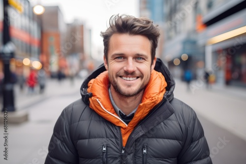 Portrait of a happy man in his 30s donning a durable down jacket against a bustling city street background. AI Generation © CogniLens