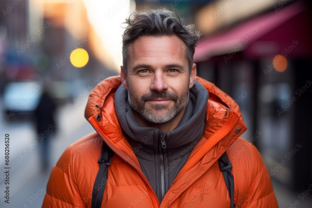 Portrait of a satisfied man in his 40s donning a durable down jacket against a bustling city street background. AI Generation Portrait of a satisfied man in his 40s donning a durable down jacket against a bustling city street background. AI Generation