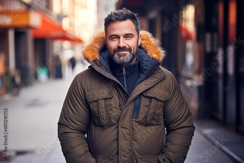 Portrait of a satisfied man in his 40s donning a durable down jacket against a bustling city street background. AI Generation