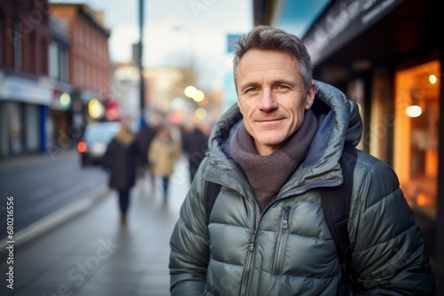 Portrait of a satisfied man in his 40s donning a durable down jacket against a bustling city street background. AI Generation © CogniLens