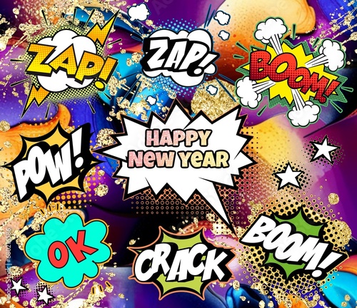 Happy New Year comics, vintage style, graffiti. Holiday pattern.