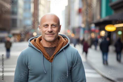 Portrait of a grinning man in his 50s dressed in a comfy fleece pullover against a bustling city street background. AI Generation © CogniLens