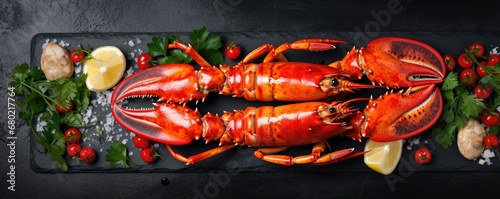 Boiled lobster with spices and herbs on black slate table. Sea food. Generative ai