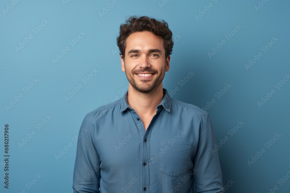 Portrait of a satisfied man in his 30s sporting a versatile denim shirt against a pastel or soft colors background. AI Generation Portrait of a satisfied man in his 30s sporting a versatile denim shirt against a pastel or soft colors background. AI Generation