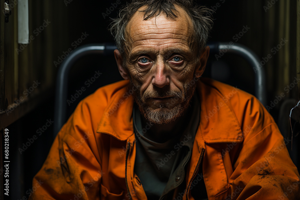 Dramatic portrait of a homeless man with tattoos on his arms sitting at a table in a dark room. Portrait of an elderly man in an orange clothes in the jail. AI Dramatic portrait of a homeless man with tattoos on his arms sitting at a table in a dark room. Portrait of an elderly man in an orange clothes in the jail. AI