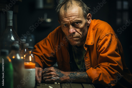 Dramatic portrait of a homeless man with tattoos on his arms sitting at a table in a dark room. Portrait of an elderly man in an orange clothes in the jail. AI © Julia