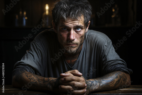 Portrait of a man with tattoos on his arms sitting at a table in a dark room. AI