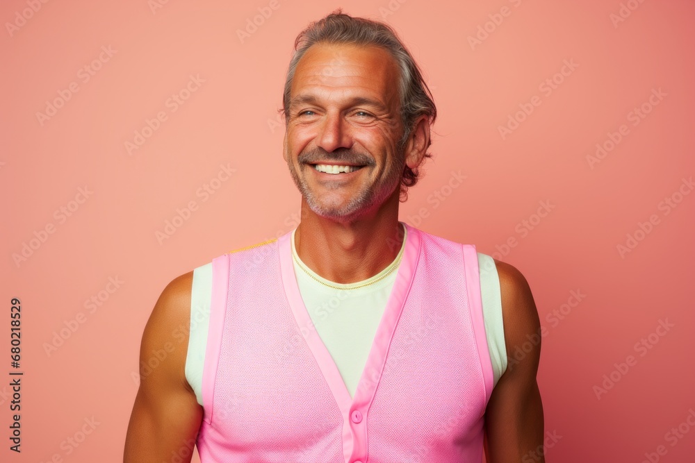 Portrait of a joyful man in his 40s dressed in a breathable mesh vest against a pastel or soft colors background. AI Generation Portrait of a joyful man in his 40s dressed in a breathable mesh vest against a pastel or soft colors background. AI Generation