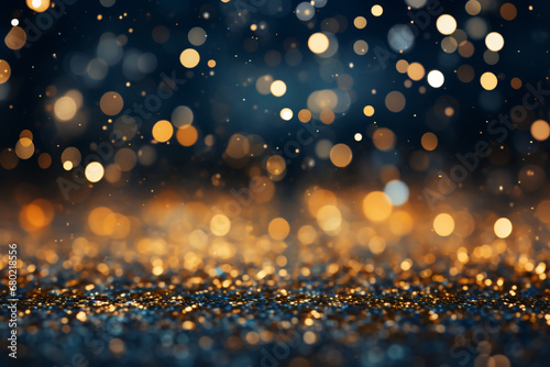 Blurred image of gold glitter on a black background. The glitter is densely packed and appears to be sparkling. The black background creates a contrast that makes the gold glitter stand out. photo