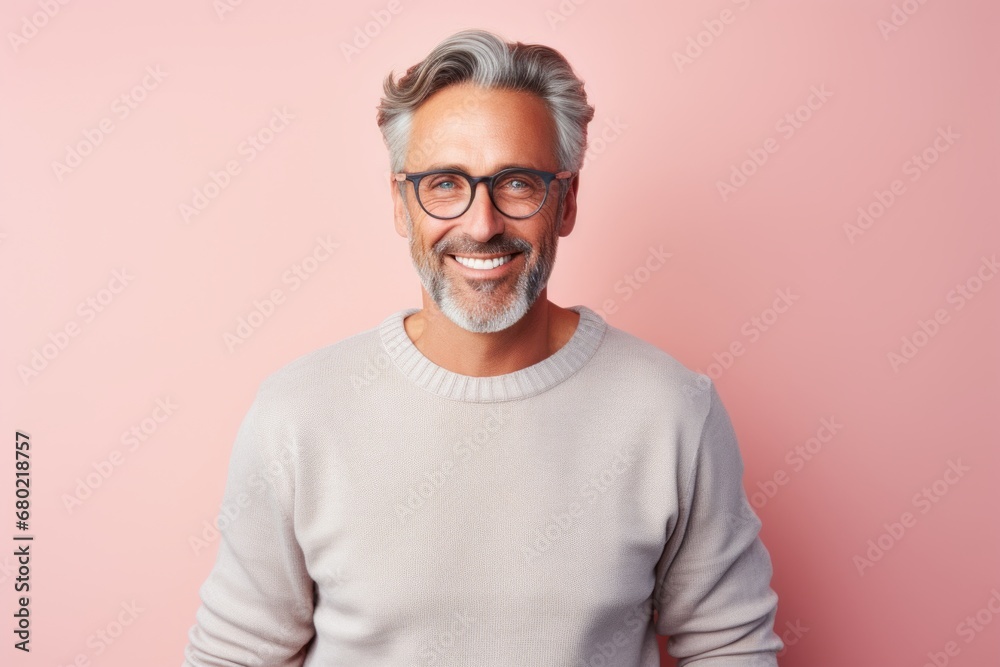 Portrait of a smiling man in his 50s wearing a cozy sweater against a pastel or soft colors background. AI Generation Portrait of a smiling man in his 50s wearing a cozy sweater against a pastel or soft colors background. AI Generation