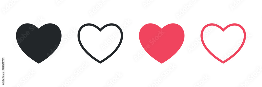 Collection of 4 love heart symbol icons. Symbol of Valentine's Day. Set of love illustrations with solid and outline vector hearts. Vector illustration. Heart templates for cards, banners wi