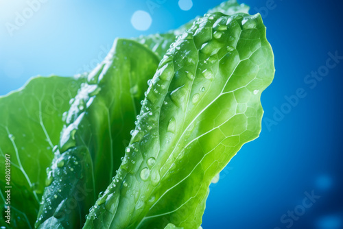 Close up of fresh green lettuce leaf with water drops on blue background