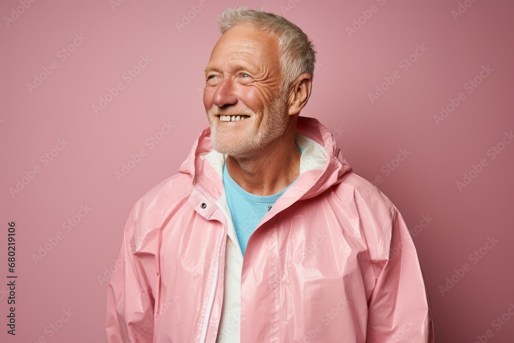Portrait of a jovial man in his 60s sporting a waterproof rain jacket against a pastel or soft colors background. AI Generation Portrait of a jovial man in his 60s sporting a waterproof rain jacket against a pastel or soft colors background. AI Generation