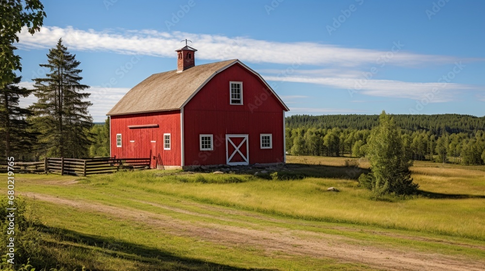 A wooden barn with a red-painted exterior in a rural landscape.