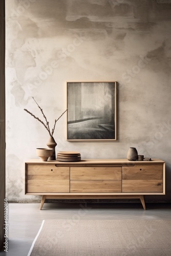 Picture a stylish Scandinavian home interior with a wooden cabinet and dresser against a raw concrete backdrop.  © Tae-Wan
