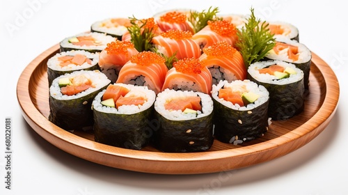 Fresh and delicious sushi rolls on wooden plate.