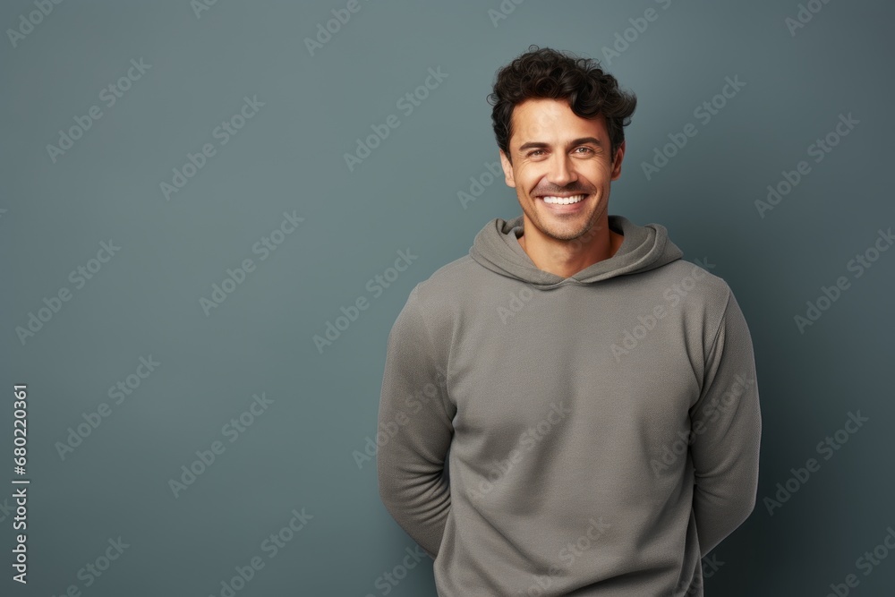 Portrait of a grinning man in his 30s dressed in a comfy fleece pullover against a minimalist or empty room background. AI Generation Portrait of a grinning man in his 30s dressed in a comfy fleece pullover against a minimalist or empty room background. AI Generation