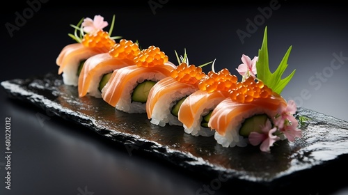 Fresh and delicious sushi on black stone plate.