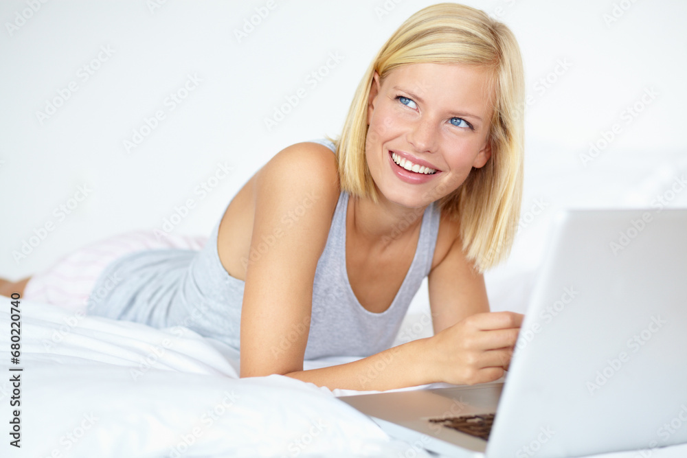 Thinking, home and woman with a laptop, ideas and planning with happiness, solution or website information. Person, apartment or girl with a pc, decision or typing with a choice, daydreaming or smile Thinking, home and woman with a laptop, ideas and planning with happiness, solution or website information. Person, apartment or girl with a pc, decision or typing with a choice, daydreaming or smile