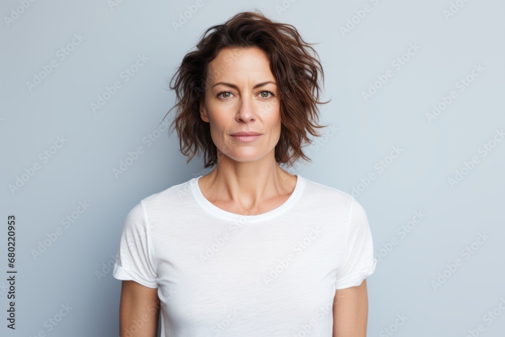 Portrait of a satisfied woman in her 40s dressed in a casual t-shirt against a minimalist or empty room background. AI Generation Portrait of a satisfied woman in her 40s dressed in a casual t-shirt against a minimalist or empty room background. AI Generation