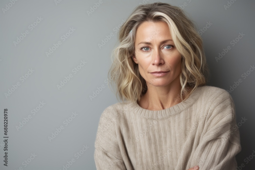Portrait of a tender woman in her 40s dressed in a warm wool sweater against a minimalist or empty room background. AI Generation Portrait of a tender woman in her 40s dressed in a warm wool sweater against a minimalist or empty room background. AI Generation