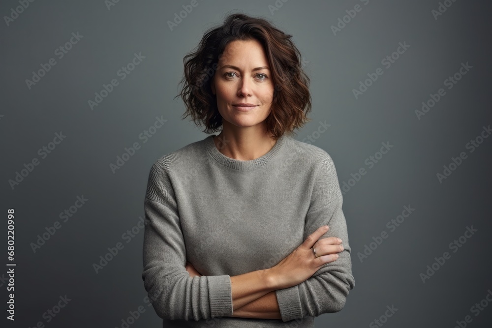 Obraz premium Portrait of a tender woman in her 40s dressed in a warm wool sweater against a minimalist or empty room background. AI Generation