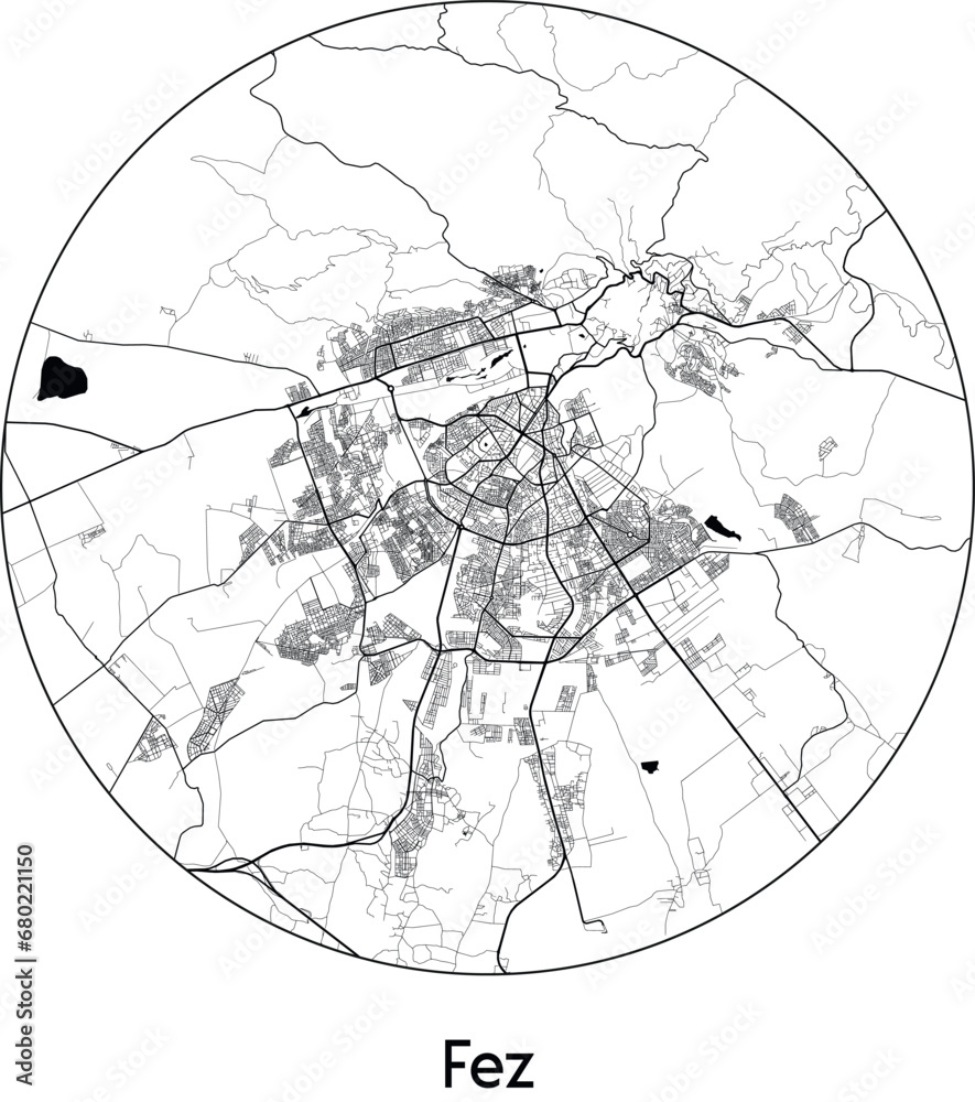 Minimal City Map of Fez (Morocco, Africa) black white vector illustration Minimal City Map of Fez (Morocco, Africa) black white vector illustration